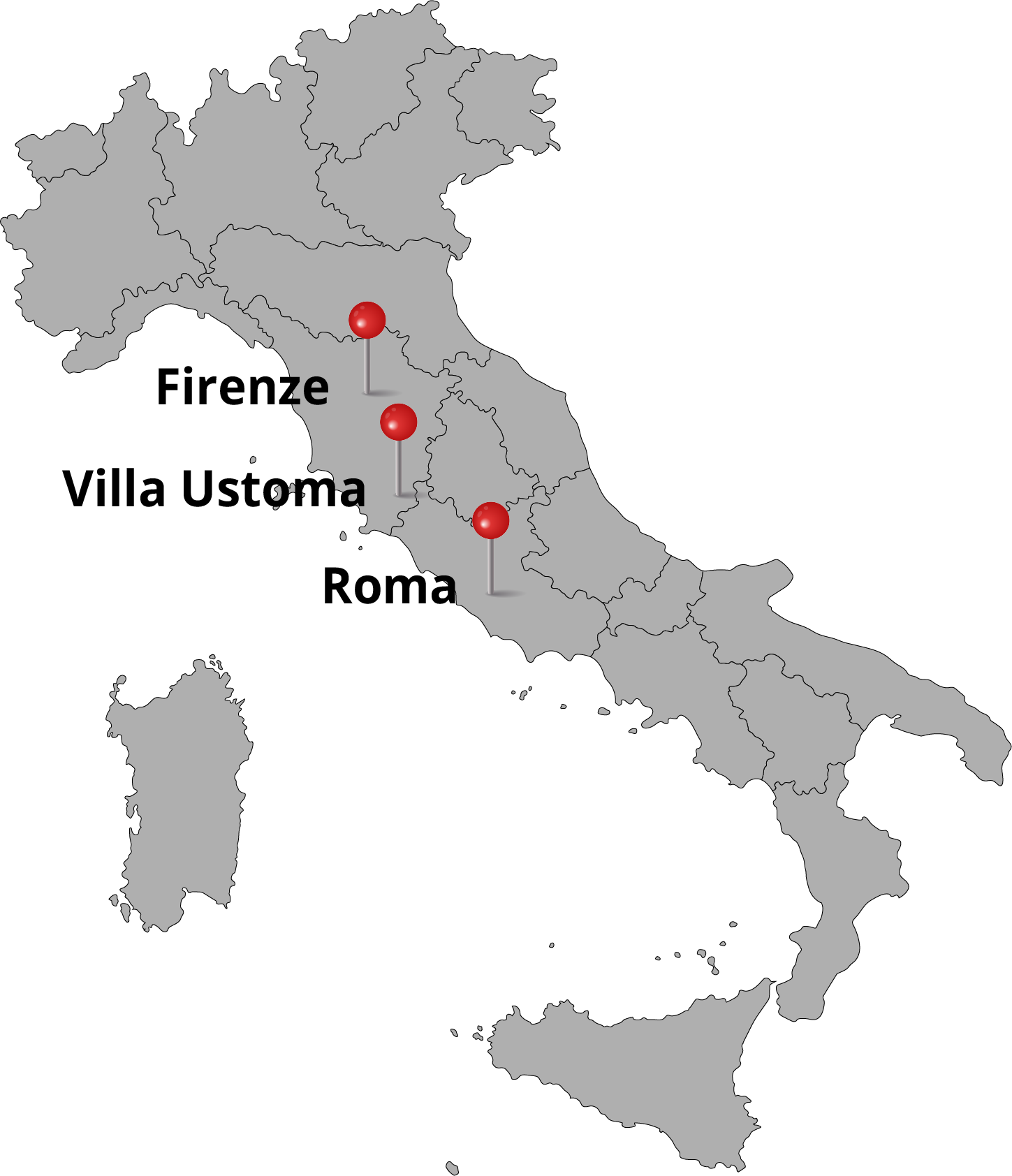 Karte Italiens mit der Lage der Residenza zwischen Florenz und Rom